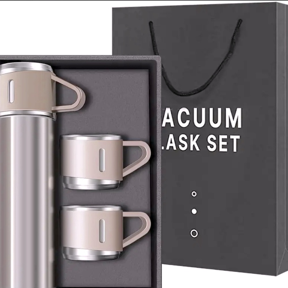 Vacuum Flask Set with Cups - Silver and Pink 16.19 ounces